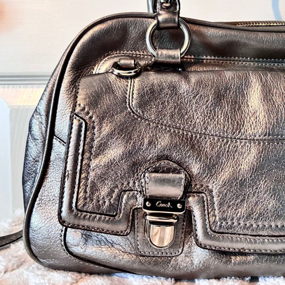 Coach Poppy Leather Pushlock Satchel Handbag Metallic Silver Pewter Bag Charm - Picture 2 of 11